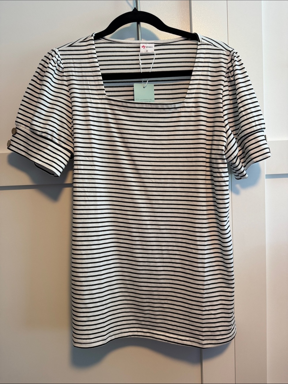 Women's Black & White Striped Square Neck Top